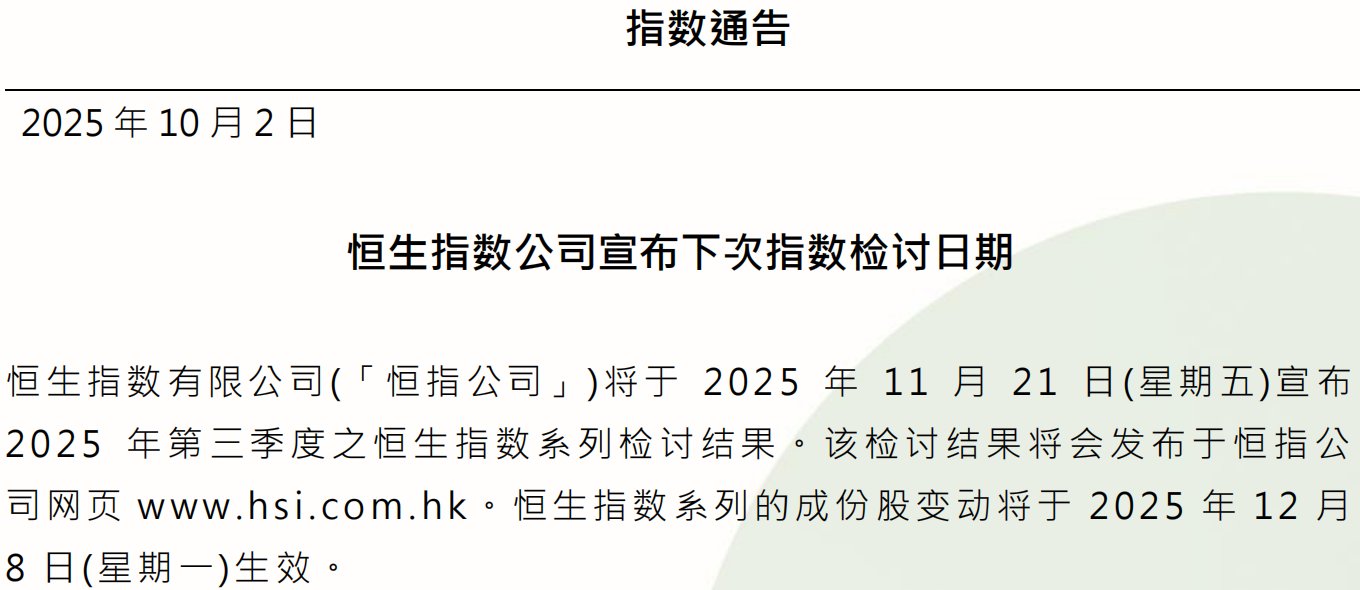 恒指公司：將於11月21日宣佈2025年第三季度之恒生指數系列檢討結果 - 圖片1