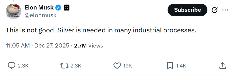 白银价格飙升，马斯克直言：这并不理想！ - 图片1