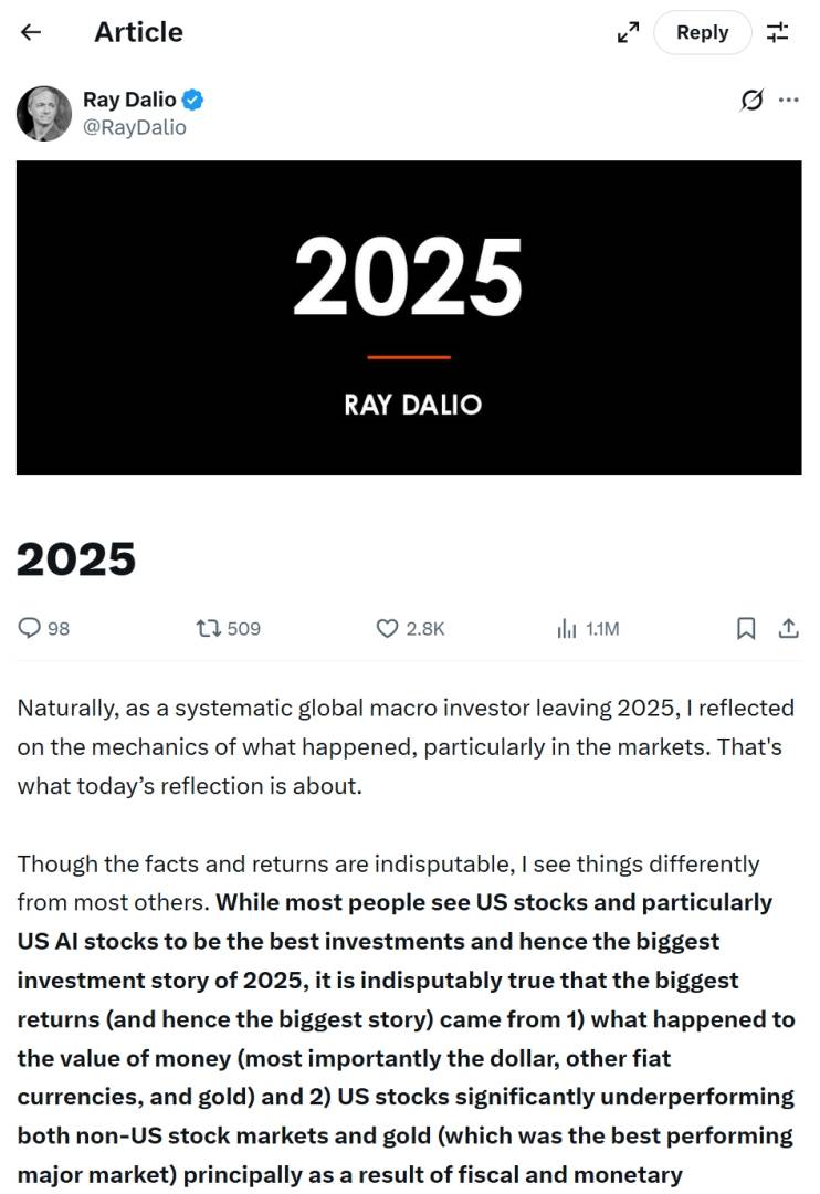 达利欧年度复盘:美元等法币贬值,美股高回报只是“计价幻觉”,黄金跑赢一切 - 图片1