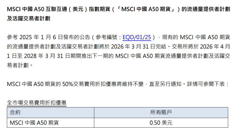 港交所(00388)：MSCI中国A50期货的50%交易费用折扣优惠将维持不变 - 图片1