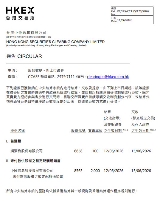 香港联交所:溜溜梅(06658)、中国信息科技股权(08565)已获接纳在中央结算系统内进行结算、交收及提存 - 图片1