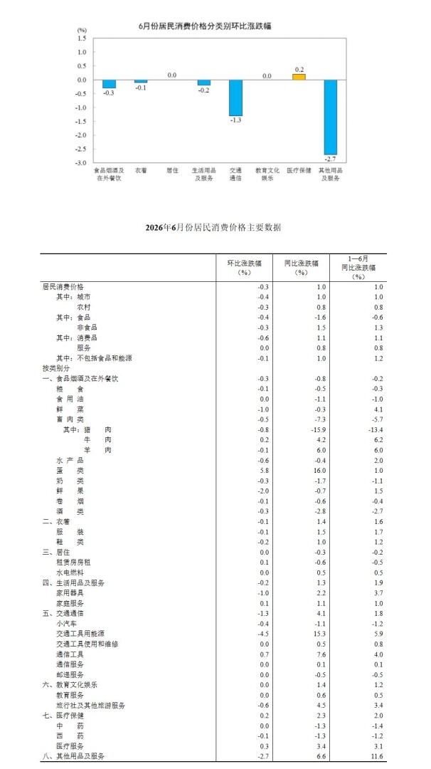 国家统计局：6月CPI同比上涨1.0% 环比下降0.3% - 图片3