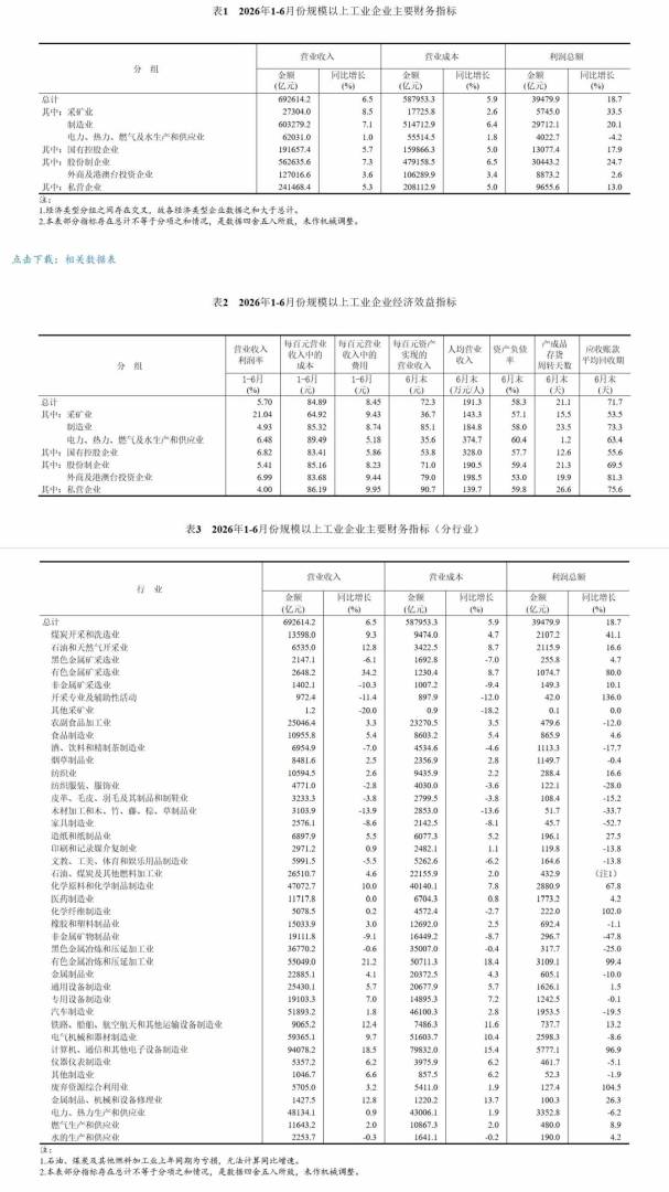 国家统计局:2026年1—6月份全国规模以上工业企业利润增长18.7% - 图片4